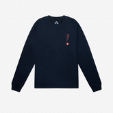 Front view of the Forecast Full Vert Long Sleeve Tee in Indigo Sea blue featuring the Sardinia coordinate graphic.