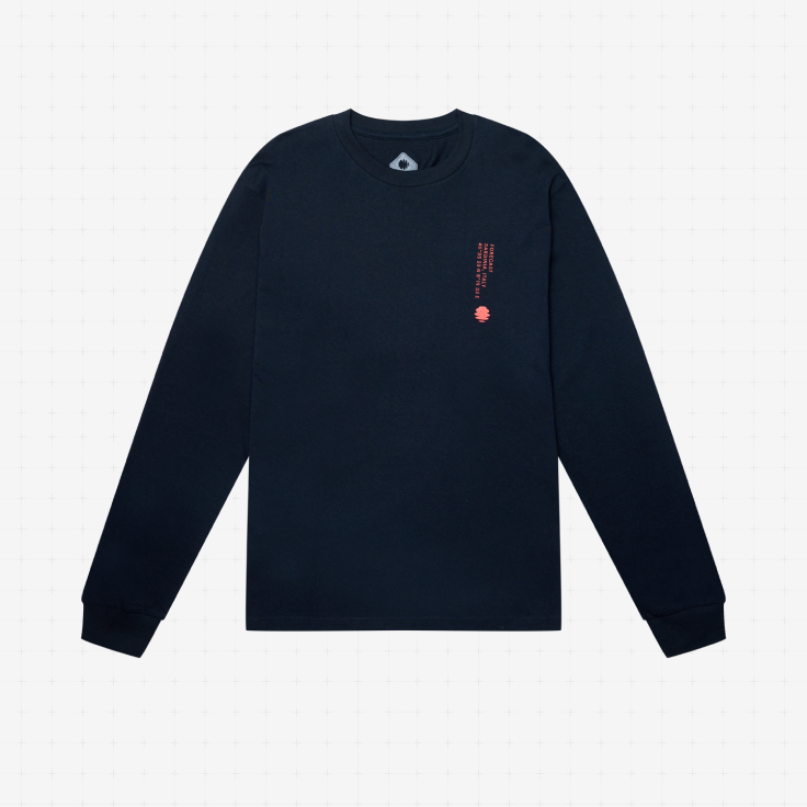 Front view of the Forecast Full Vert Long Sleeve Tee in Indigo Sea blue featuring the Sardinia coordinate graphic. 