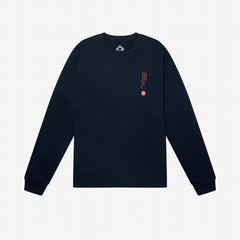 Front view of the Forecast Full Vert Long Sleeve Tee in Indigo Sea blue featuring the Sardinia coordinate graphic. 